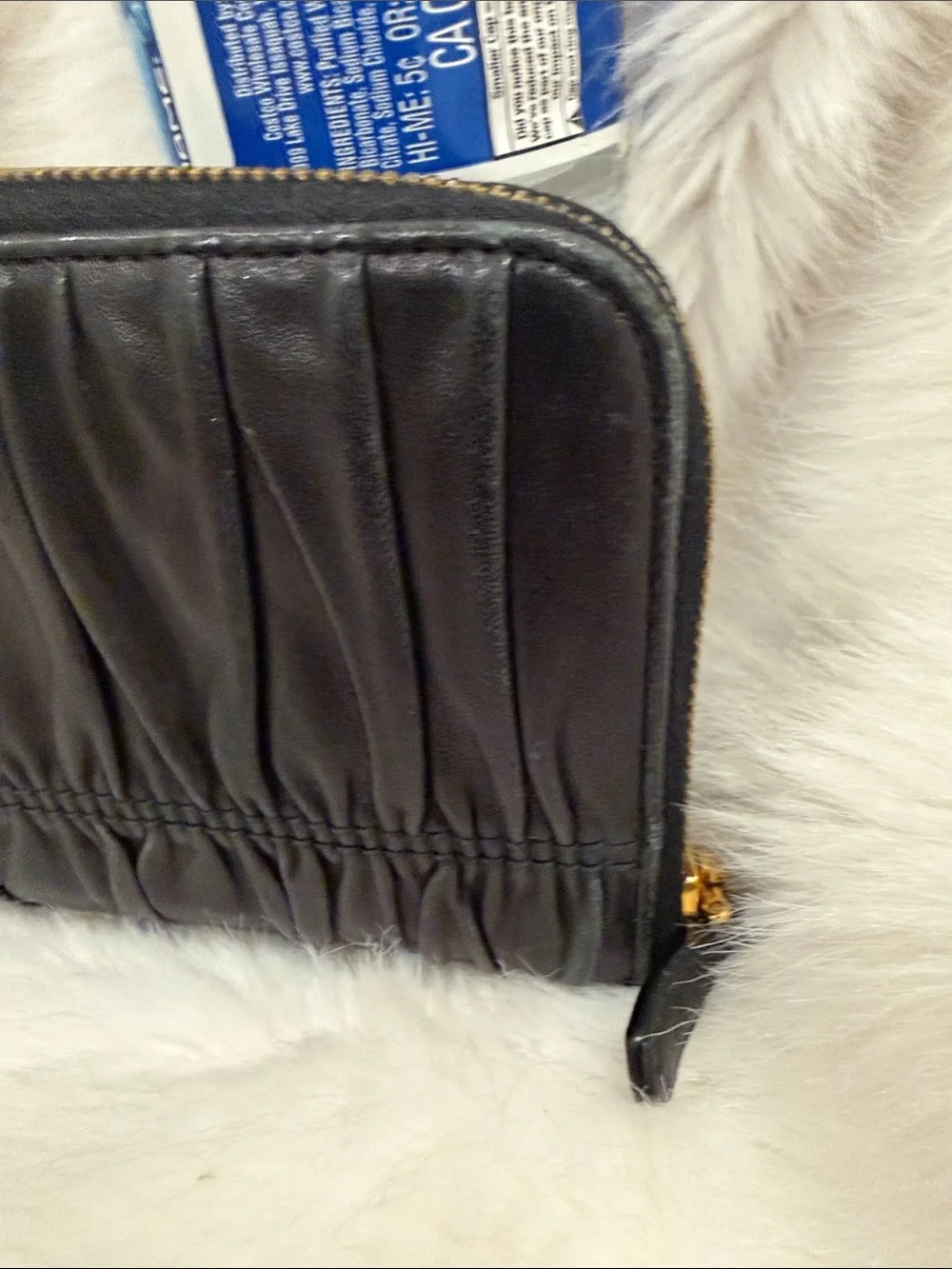 Prada Black Gathered Leather Zip-Around Wallet with Gold Logo